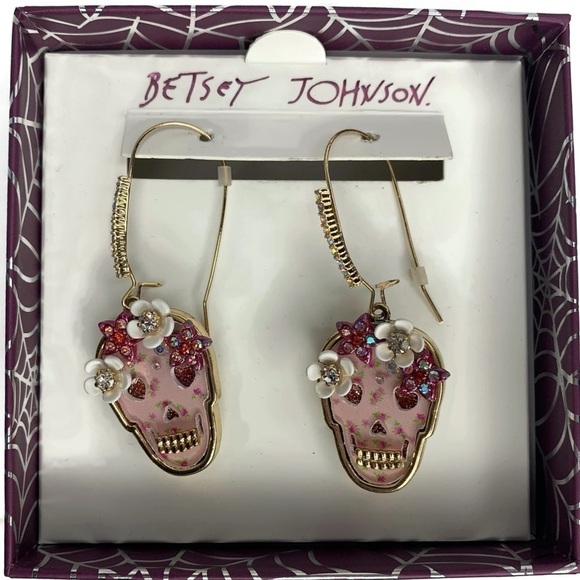 Betsey Johnson Sugar Skull Pink Earrings Halloween - Picture 3 of 8